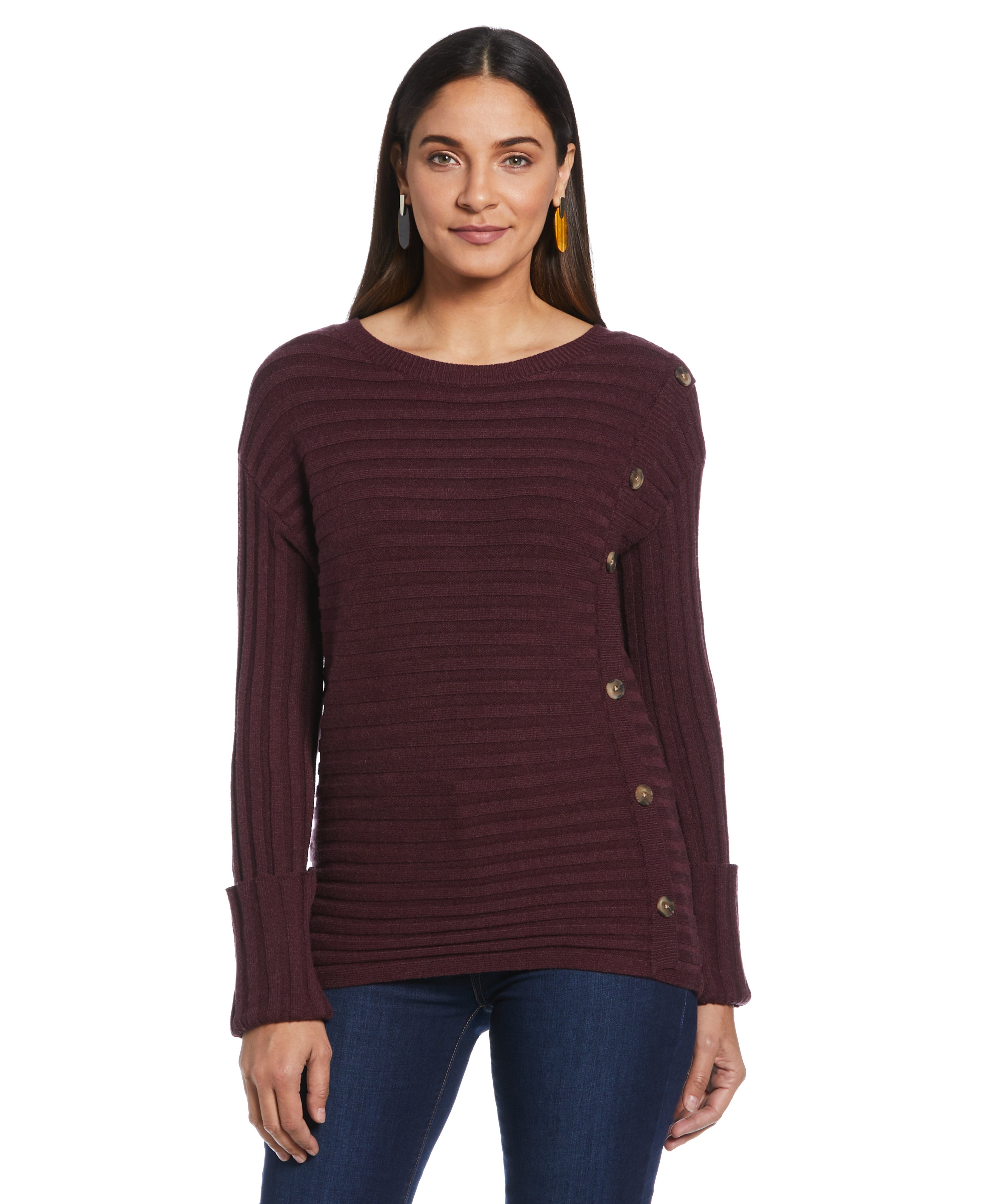 Ribbed Sweater with Button Detail (Winetasting Heather) 
