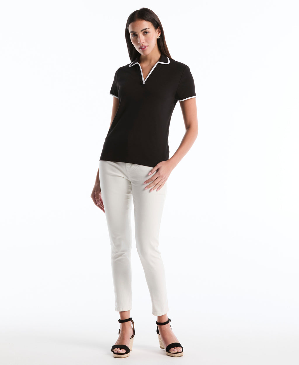 Contrast Trim Johnny Collar Polo