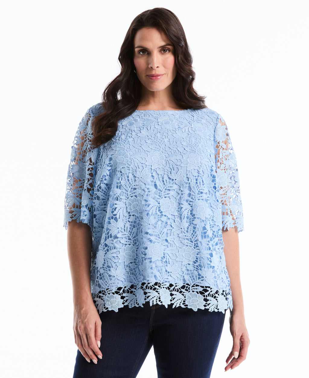 Plus Size Scalloped Lace Top (Cerulean) 