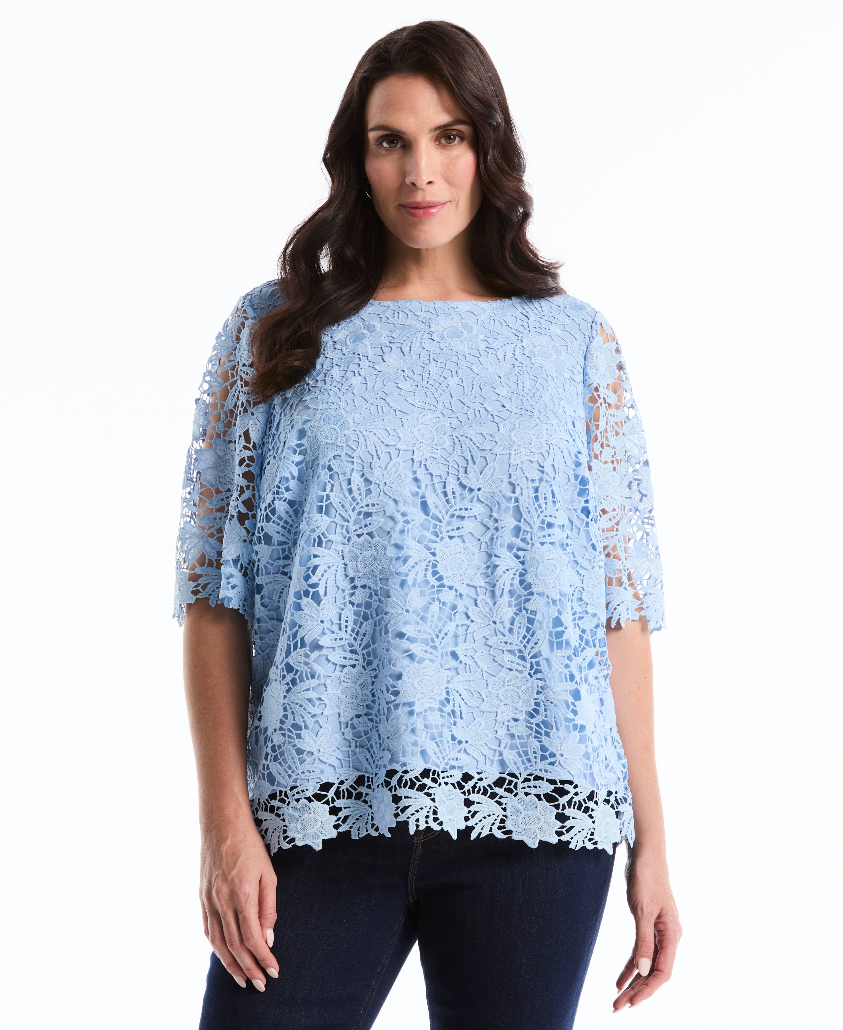 Plus Size Scalloped Lace Top (Cerulean) 