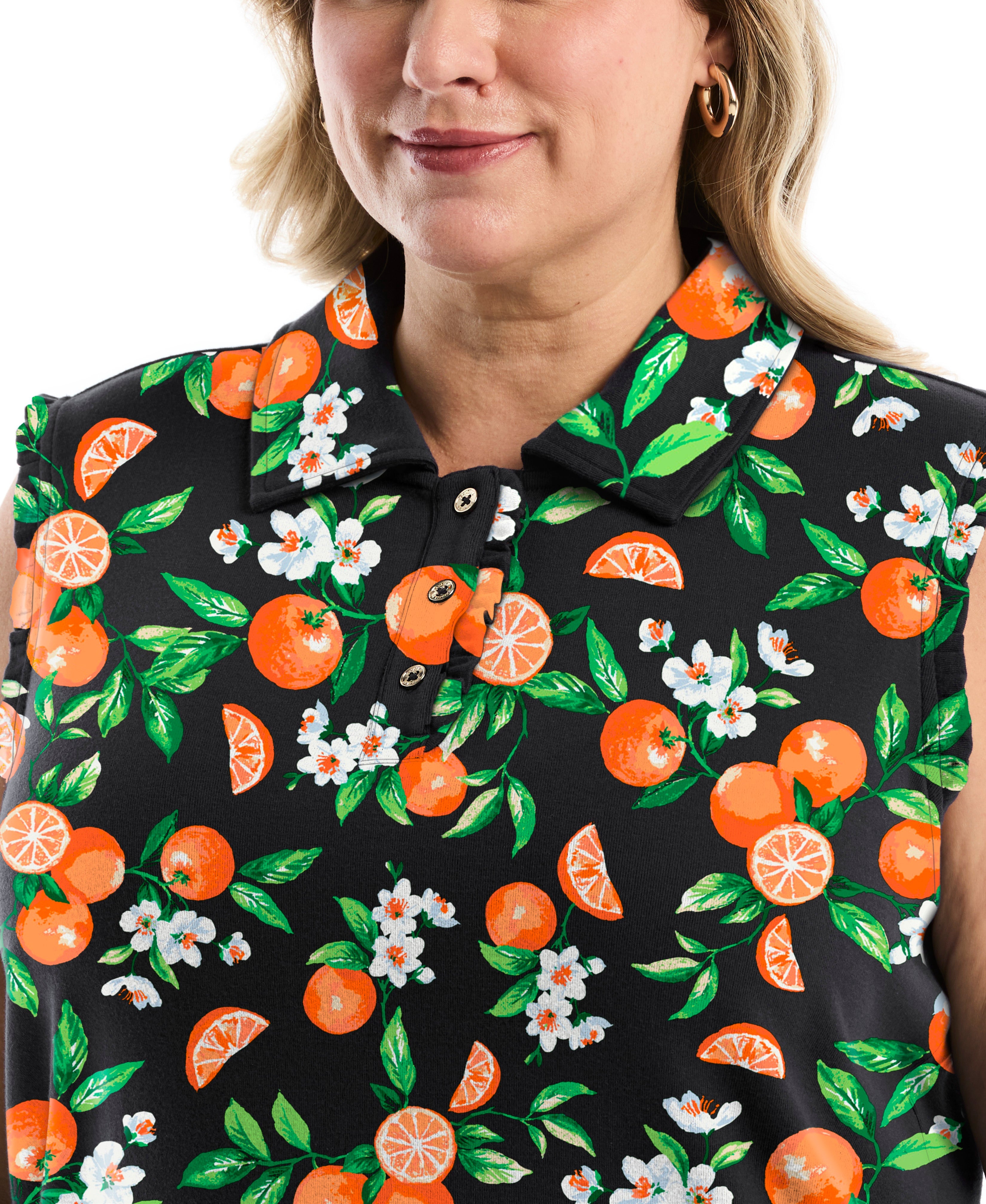 Plus Size Orange Print Ruffle Trim Polo