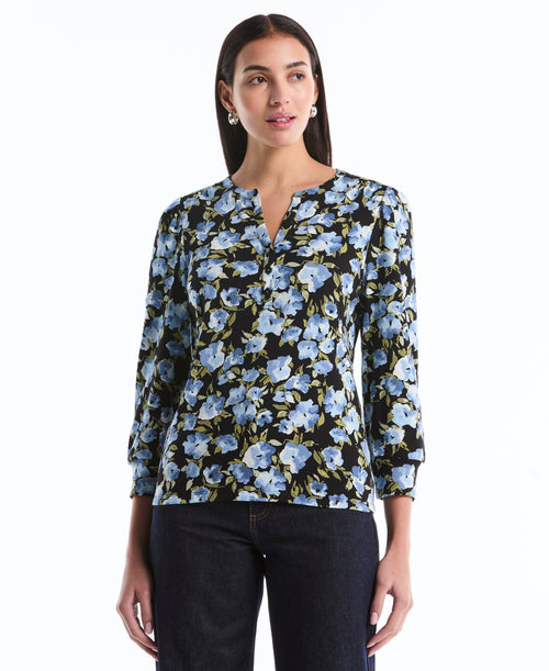 Floral Print Shirred Top (Black) 