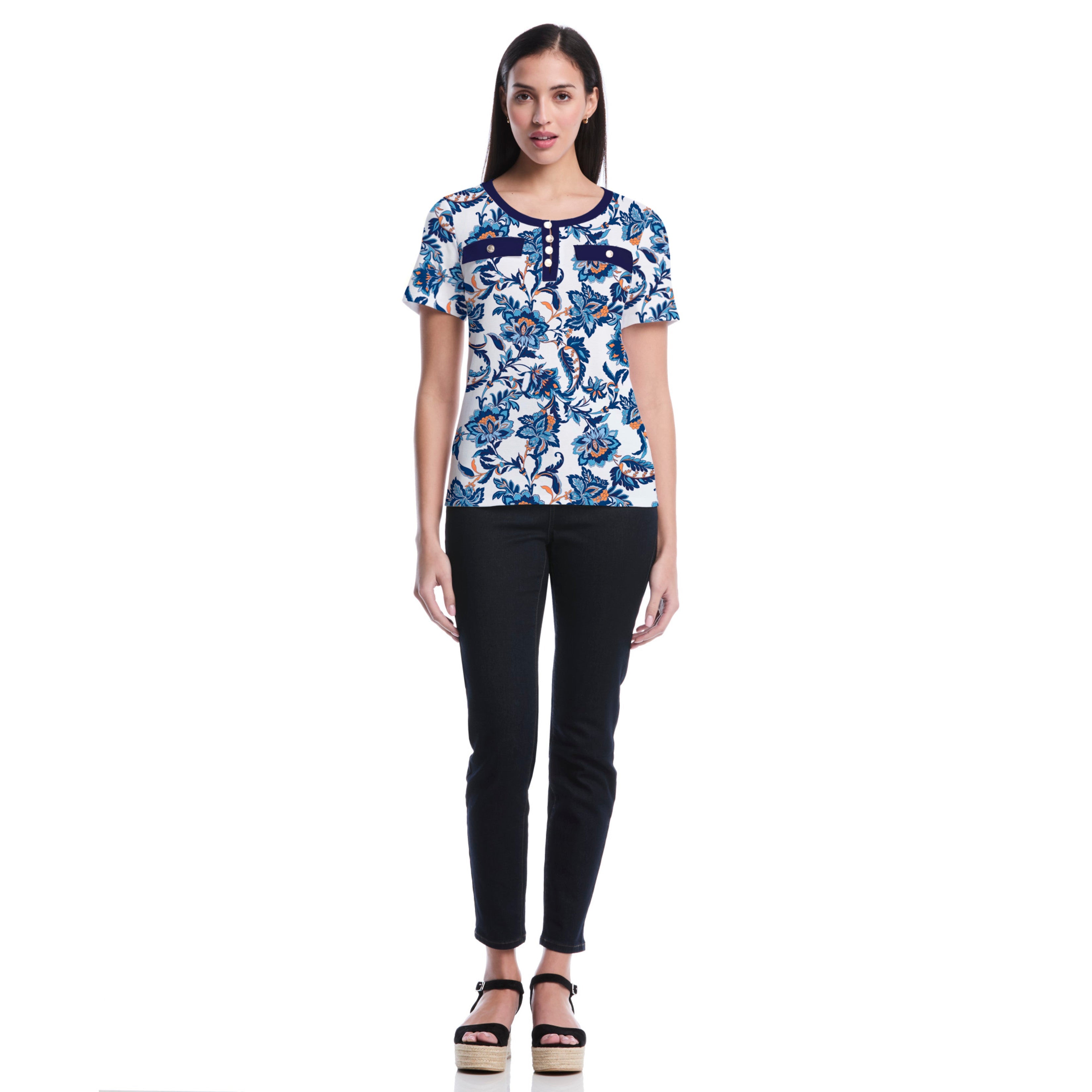 Petite Botanical Welt Pocket Button Detail Top